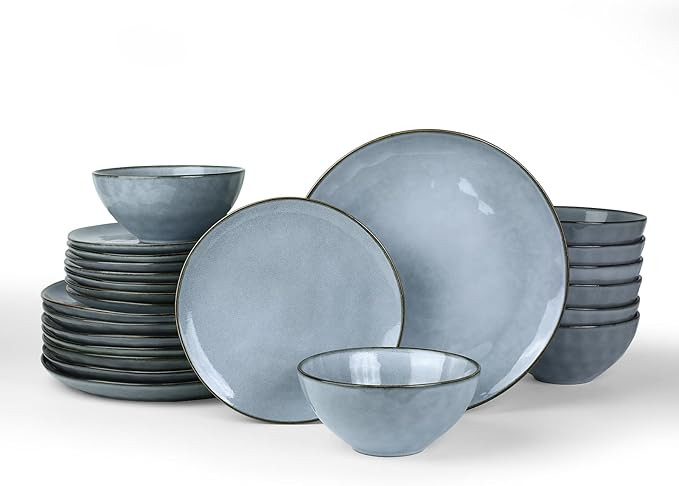 Famiware Dinnerware Sets for 8, Ocean Round 24-Piece Kitchen Plates and Bowls Sets, Reactive Glaz... | Amazon (US)