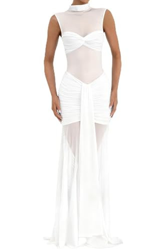 Memoriesea Women's Elegant Mesh Sheer Sleeveless Bodycon Wedding Formal Maxi Dress White | Amazon (US)