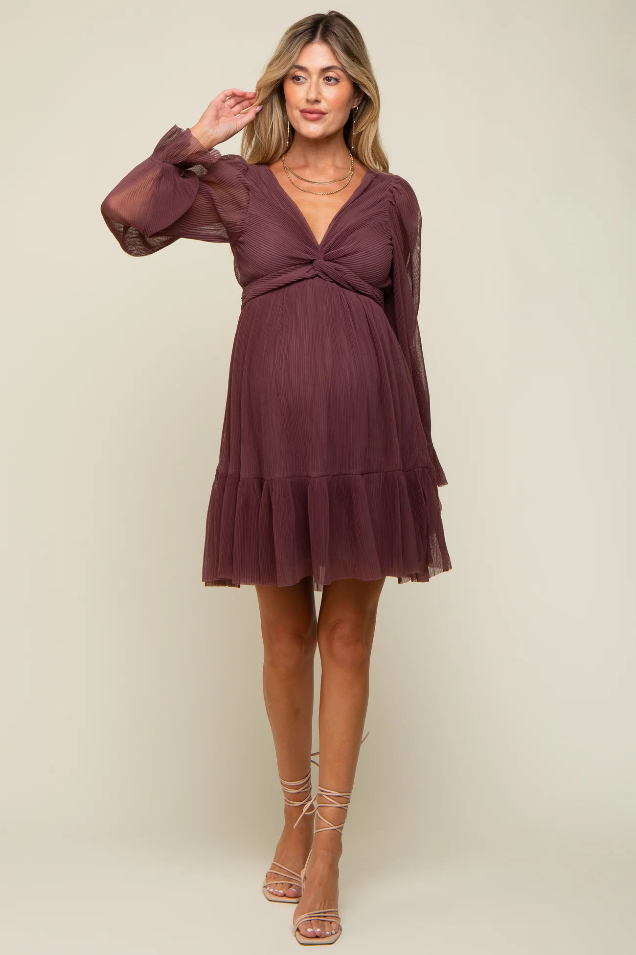 Purple Pleated Knotted Long Sleeve Maternity Dress | PinkBlush Maternity
