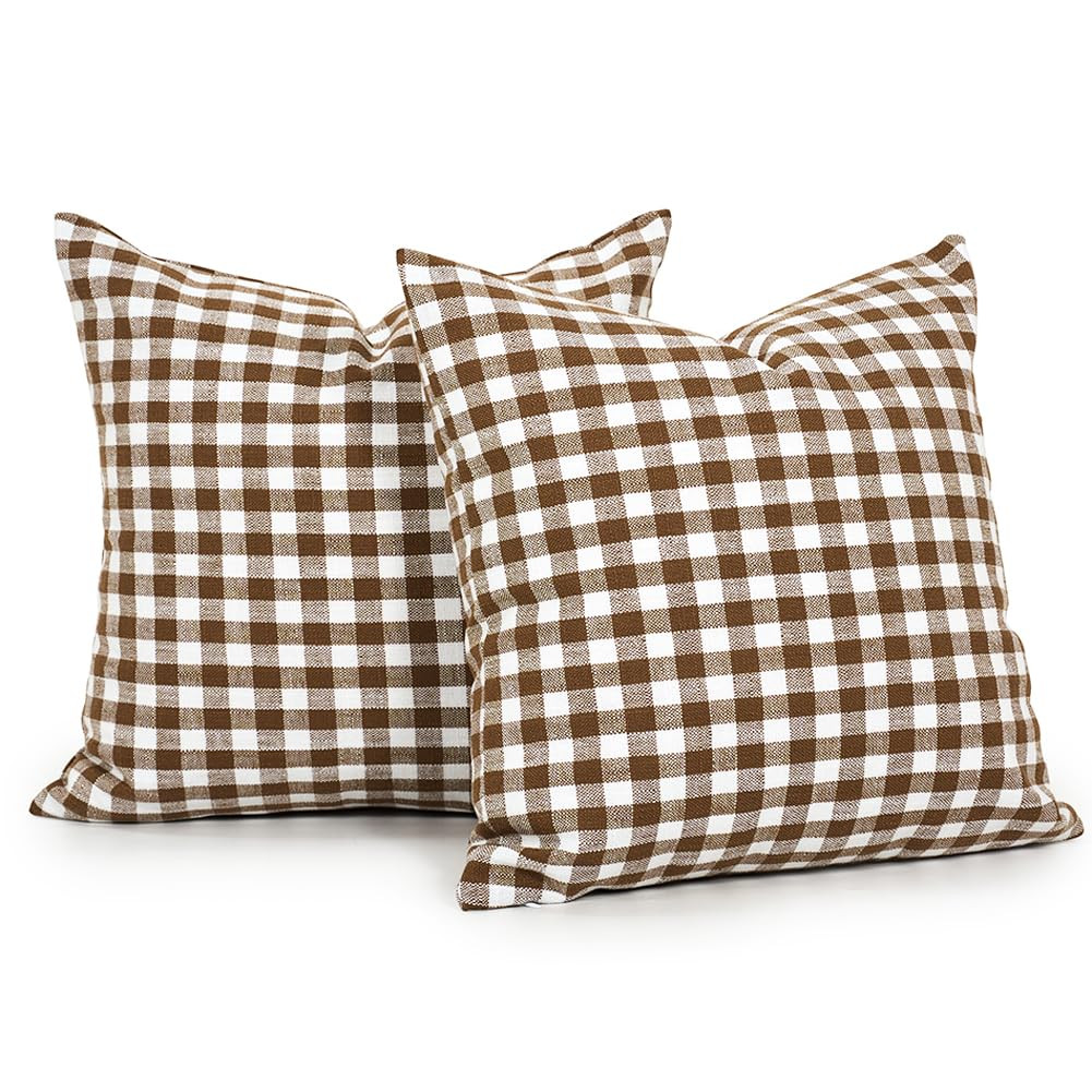 CARRIE HOME Farmhouse Brown and White Gingham Plaid Pillow Covers 18x18 Set of 2, Khaki Checkered... | Amazon (US)