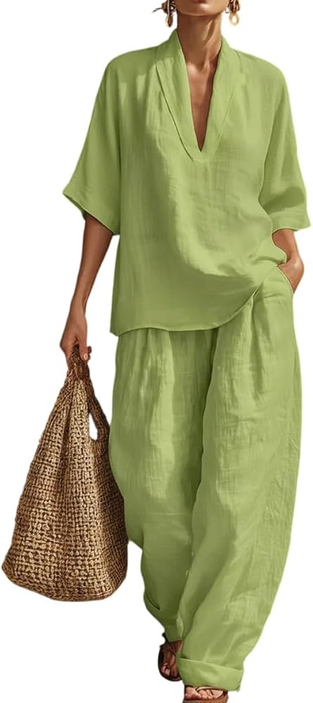 Women's 2 Piece Outfit, Lapel Deep V Neck Short Sleeve Top & Elastic Waist Wide Leg Pants Casual ... | Amazon (US)