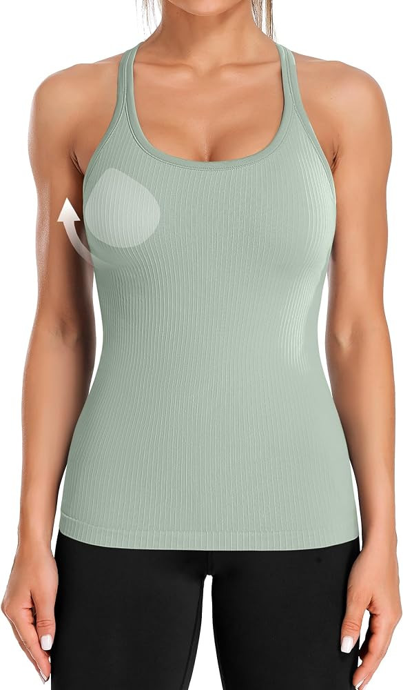 ATTRACO Ribflex Ribbed Workout Tank Tops for Women with Built in Bra Racerback Scoop Neck Athleti... | Amazon (US)