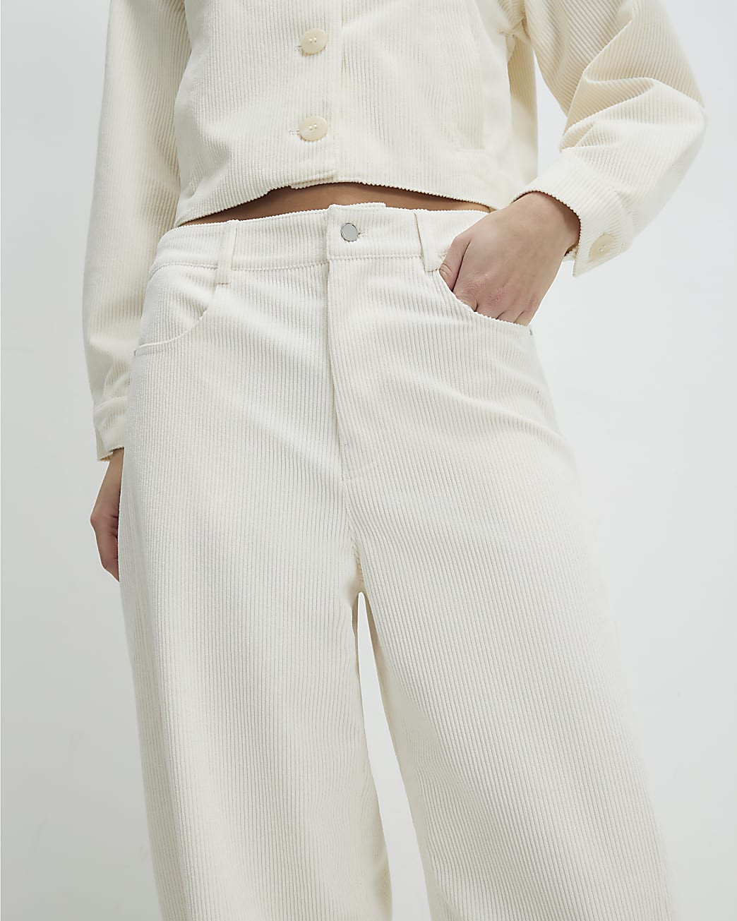 Cream Corduroy Barrel Leg Trousers | River Island UK & IE