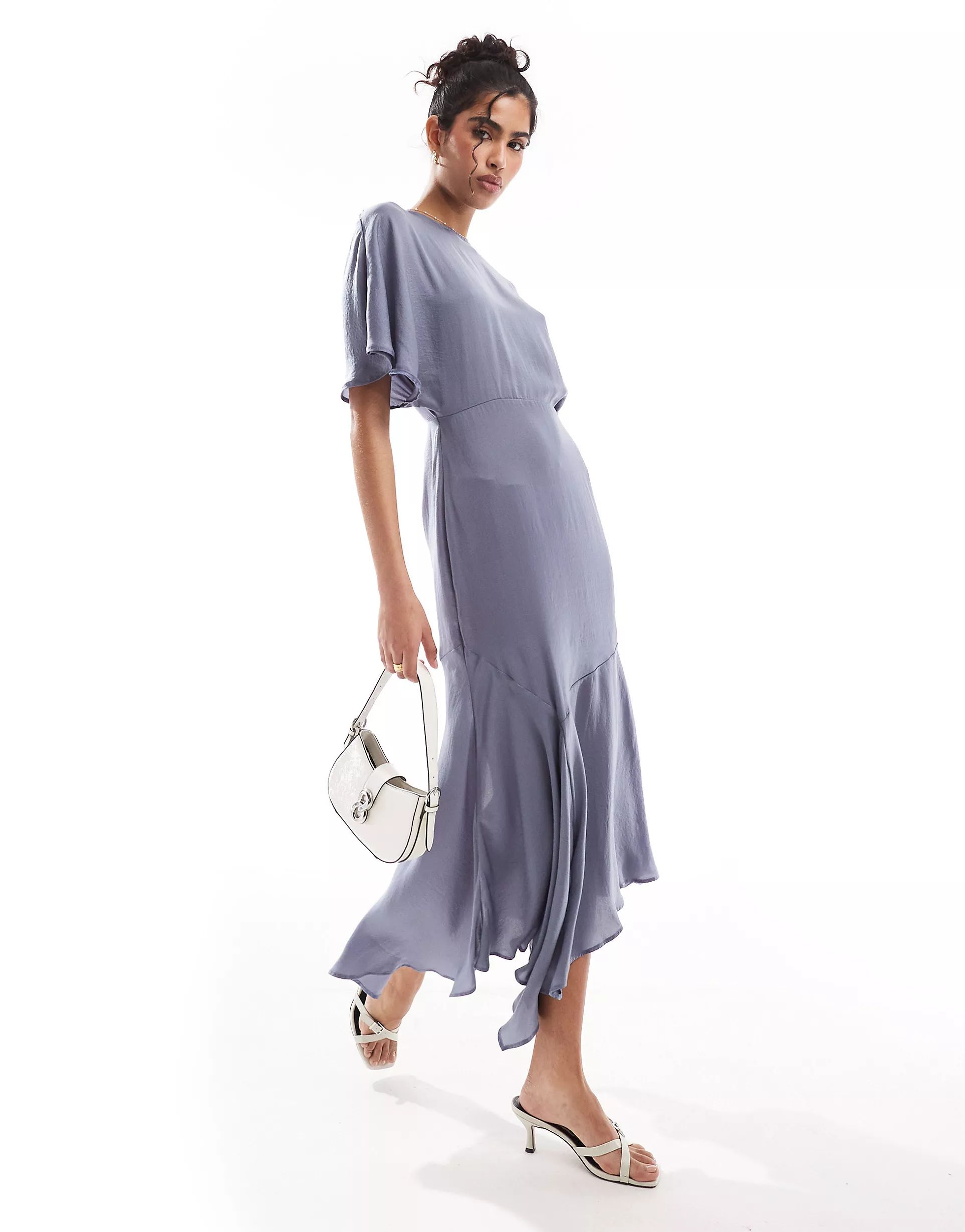 ASOS DESIGN satin flutter sleeve asymmetric hem midi dress in blue | ASOS (Global)