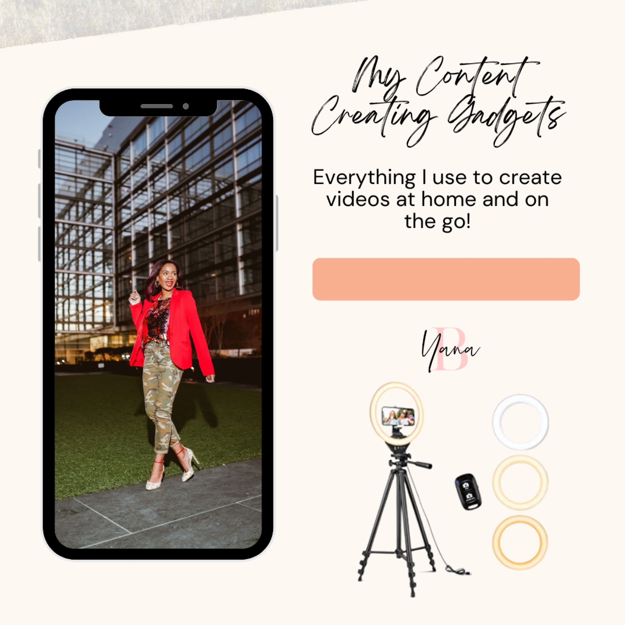 Everything I use to create content at home, and on the go! Lights, camera, action, for real! 🎥