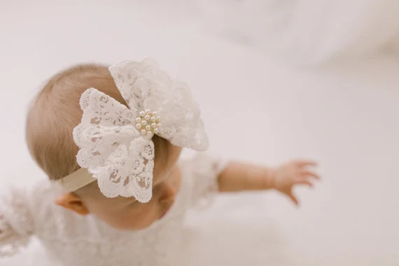 Baby Girl Christening Headband Flower Girl Bow Headband Boho - Etsy | Etsy (US)