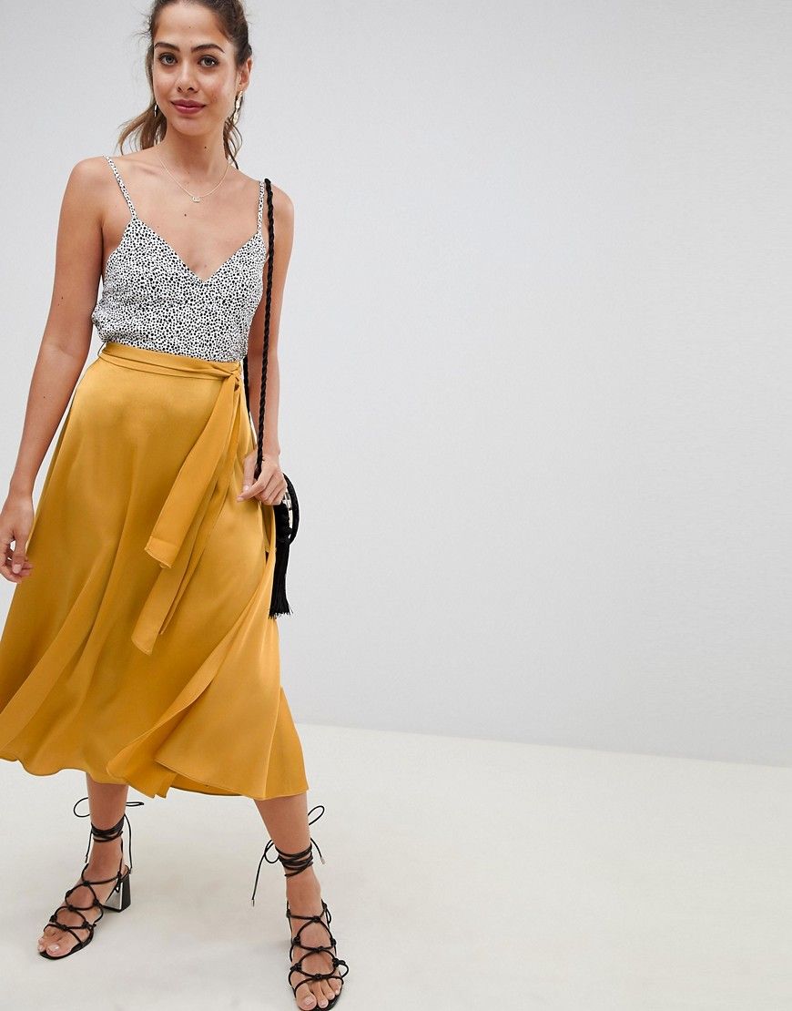 ASOS DESIGN satin midi skirt with self belt - Yellow | ASOS US