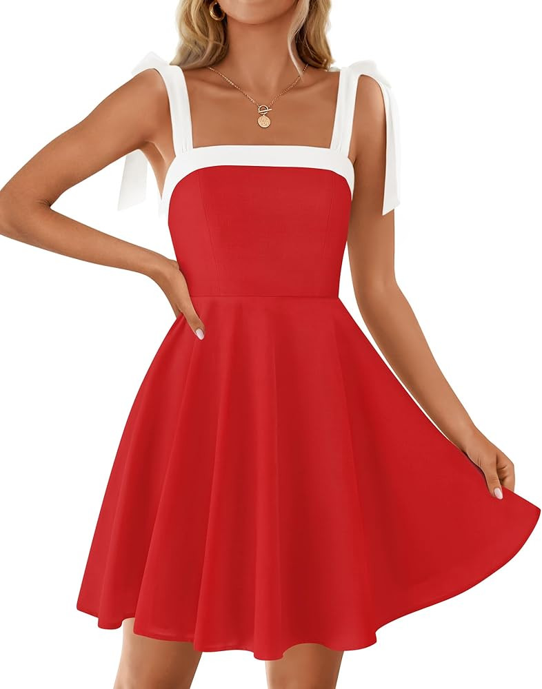 ZESICA Womens Summer Sleeveless Mini Dress Tie Shoulder Square Neck High Waist Swing A Line Short... | Amazon (US)