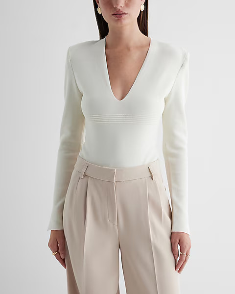 Padded Shoulder Deep V-neck Sweater Bodysuit | Express