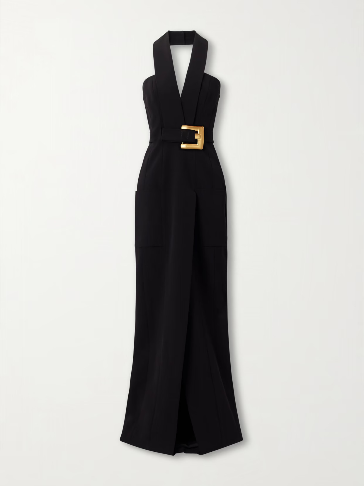 Balmain - Belted Paneled Crepe Halterneck Gown - Black | NET-A-PORTER (US)