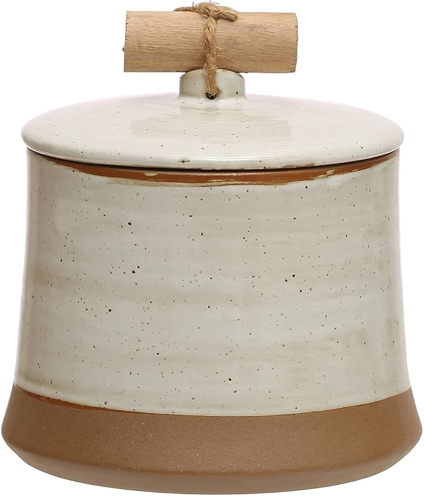 Bloomingville 5 Inches Round Stoneware Lid and Pine Wood and Jute Handle in Reactive Glaze, Beige... | Amazon (US)