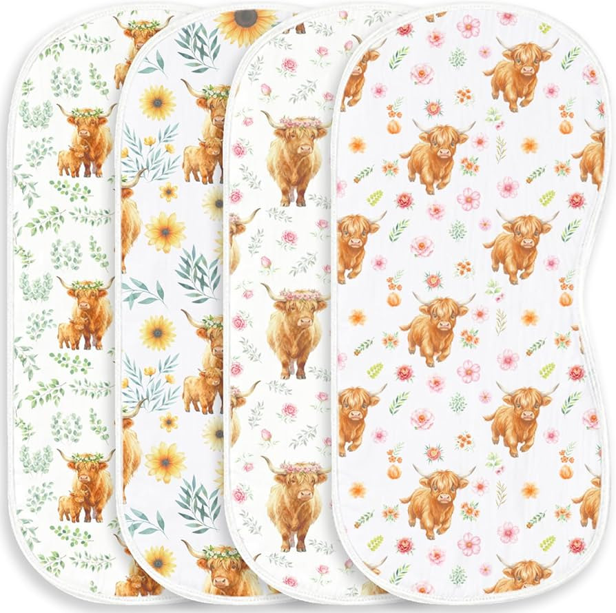 4 Pack Baby Burp Cloths for Boys Girls, Soft Cotton, Highland Cow Floral Theme Design, Super Abso... | Amazon (US)