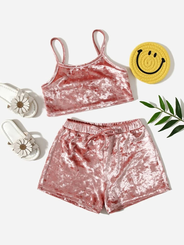 SHEIN Kids Y2Kool Toddler Girls Velvet Cami Top & Shorts Set | SHEIN