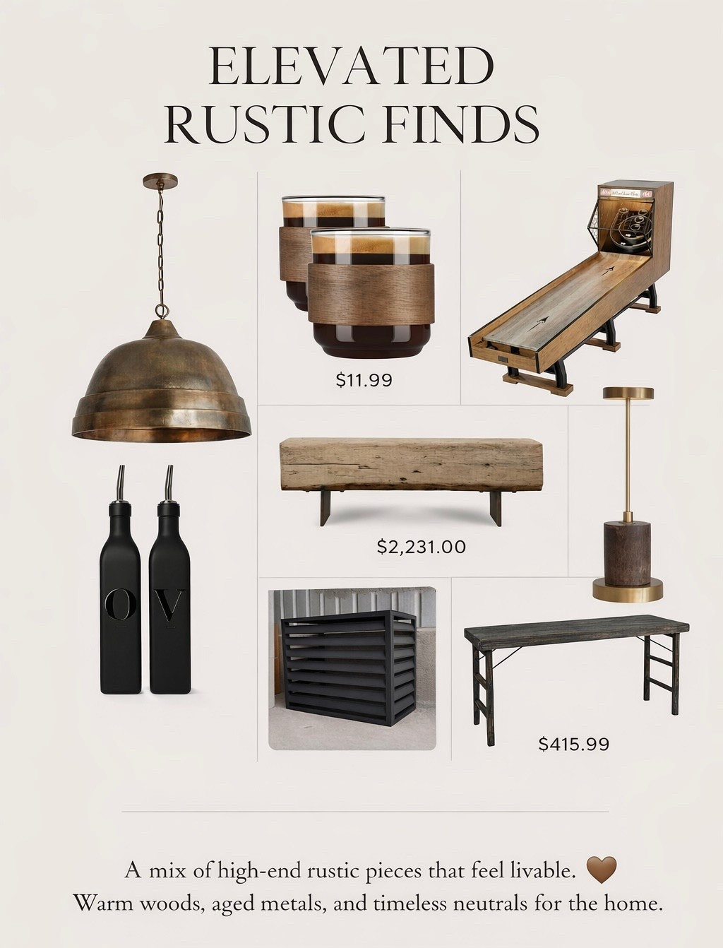 A mix of elevated rustic pieces that feel high-end but still livable. Think warm woods, aged metals, and timeless neutrals you’ll use every day. Saving these for my own home 🤎

#LTKHome #LTKSaleAlert
