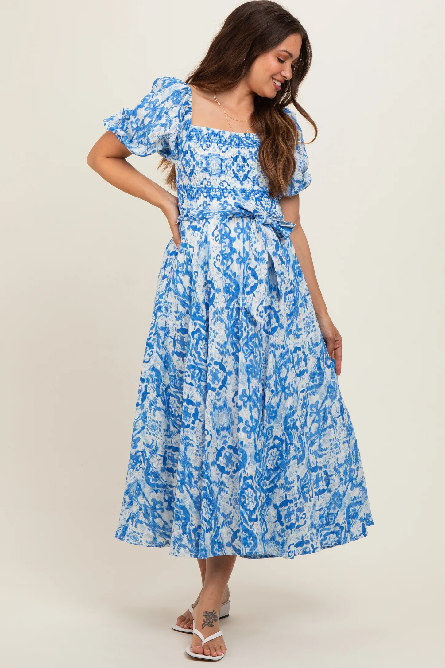 Blue Floral Smocked Short Puff Sleeve Maternity Midi Dress | PinkBlush Maternity