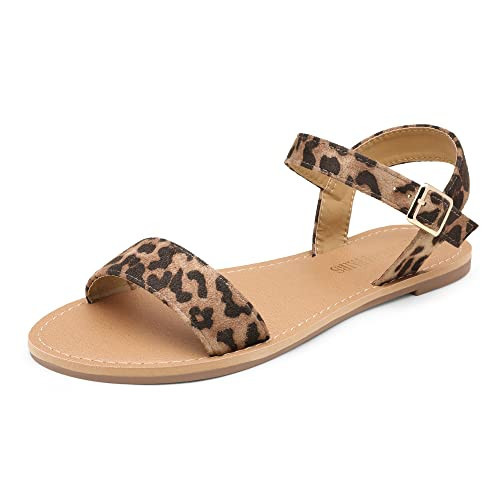 DREAM PAIRS Women's Cute Open Toes One Band Ankle Strap Flexible Summer Flat Sandals,Size 5.5,LEOPARD,HOBOO-NEW | Amazon (US)
