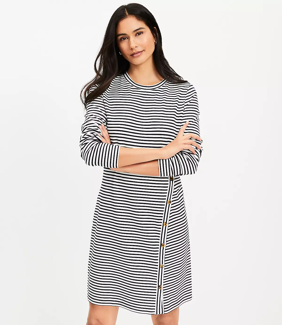 Petite Striped Side Button Long Sleeve Mini Dress | LOFT