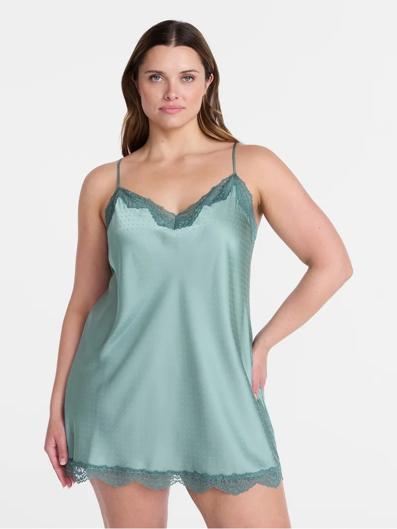 Joyspun Women's Lace Trim Stretch Satin Chemise, Sizes S-3X | Walmart (US)