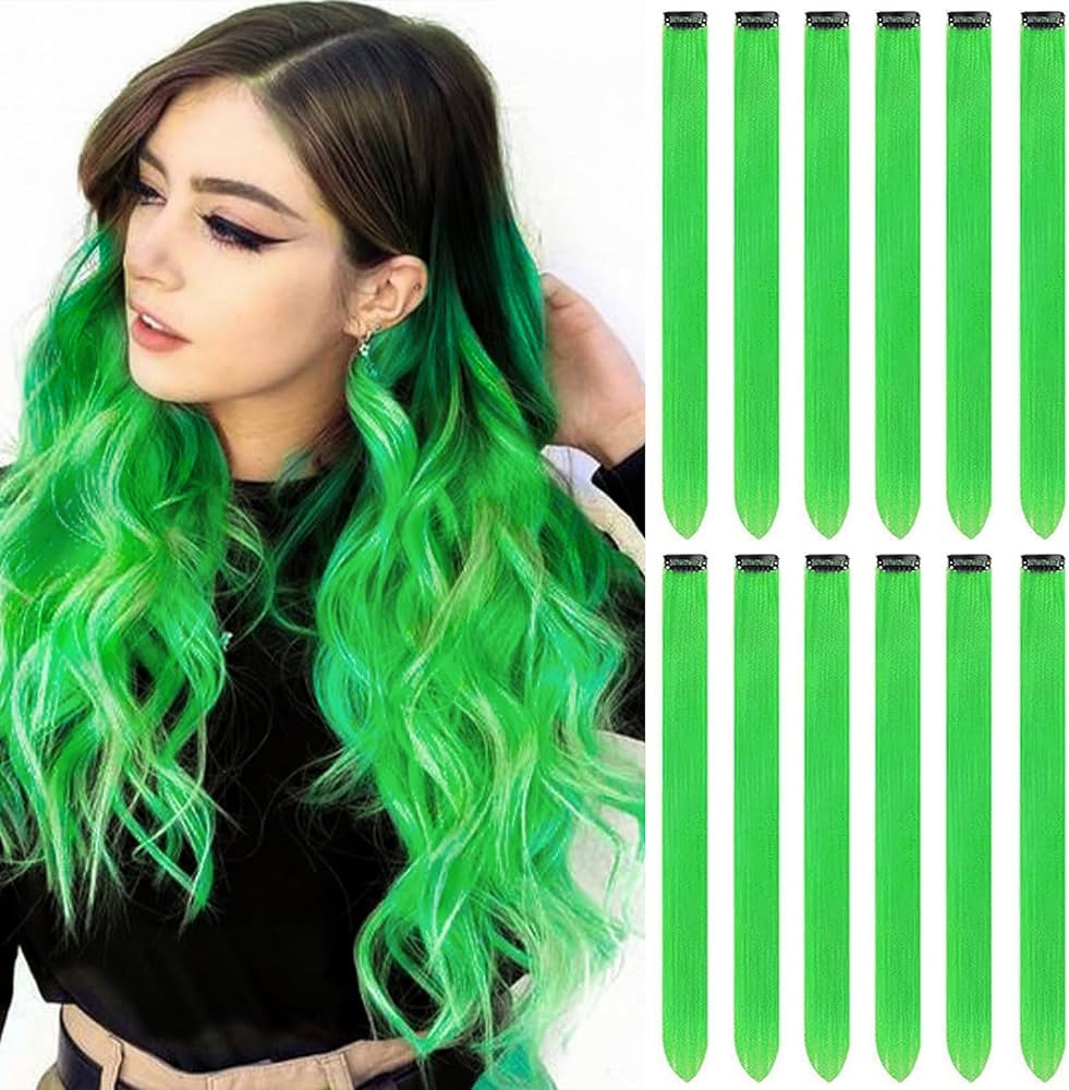 12 PCS Green Hair Extensions Clip in, Colored Party Highlights Extension for Kids Girls Synthetic... | Amazon (US)