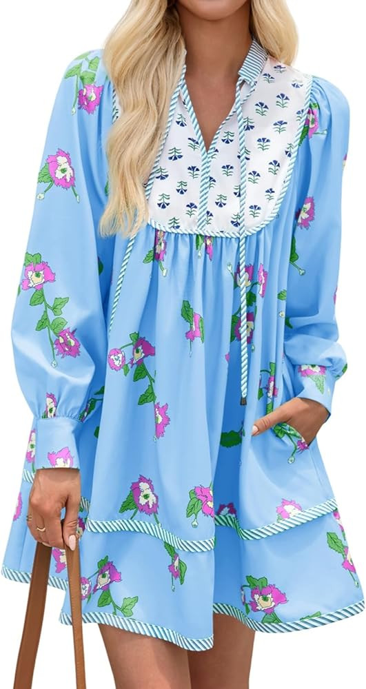 Wenrine Womens Casual Floral Mini Dress 2025 Fall Long Sleeve V Neck Patchwork Loose Boho Shirt D... | Amazon (US)