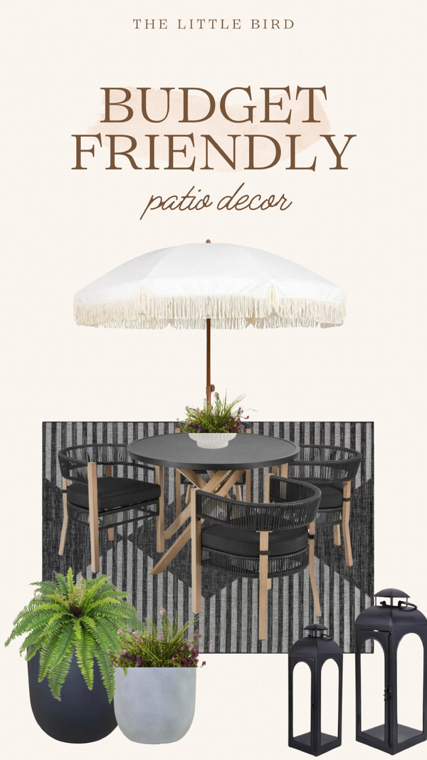 Budget friendly patio seating area featuring Walmart items + All Modern rug.