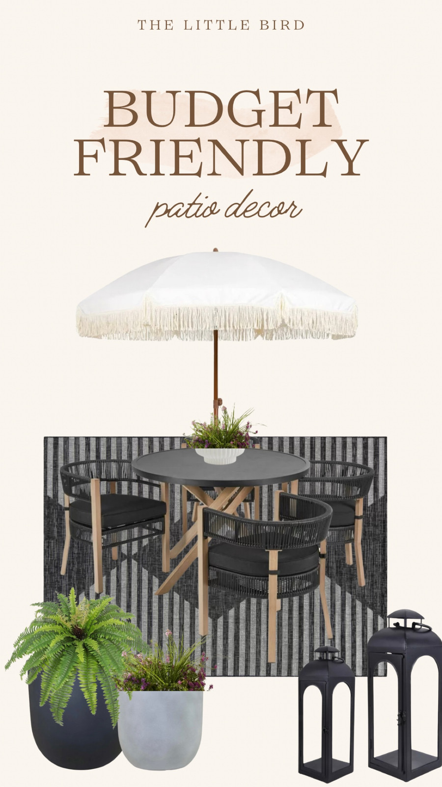 Budget friendly patio seating area featuring Walmart items + All Modern rug.