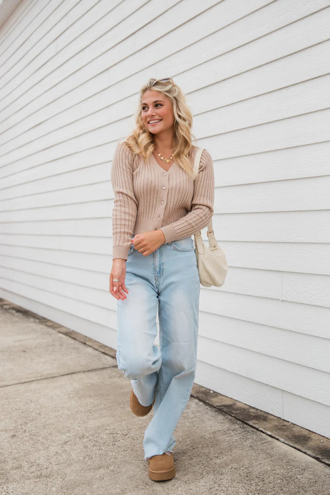 What You Needed Taupe Ribbed Cardigan | Pink Lily