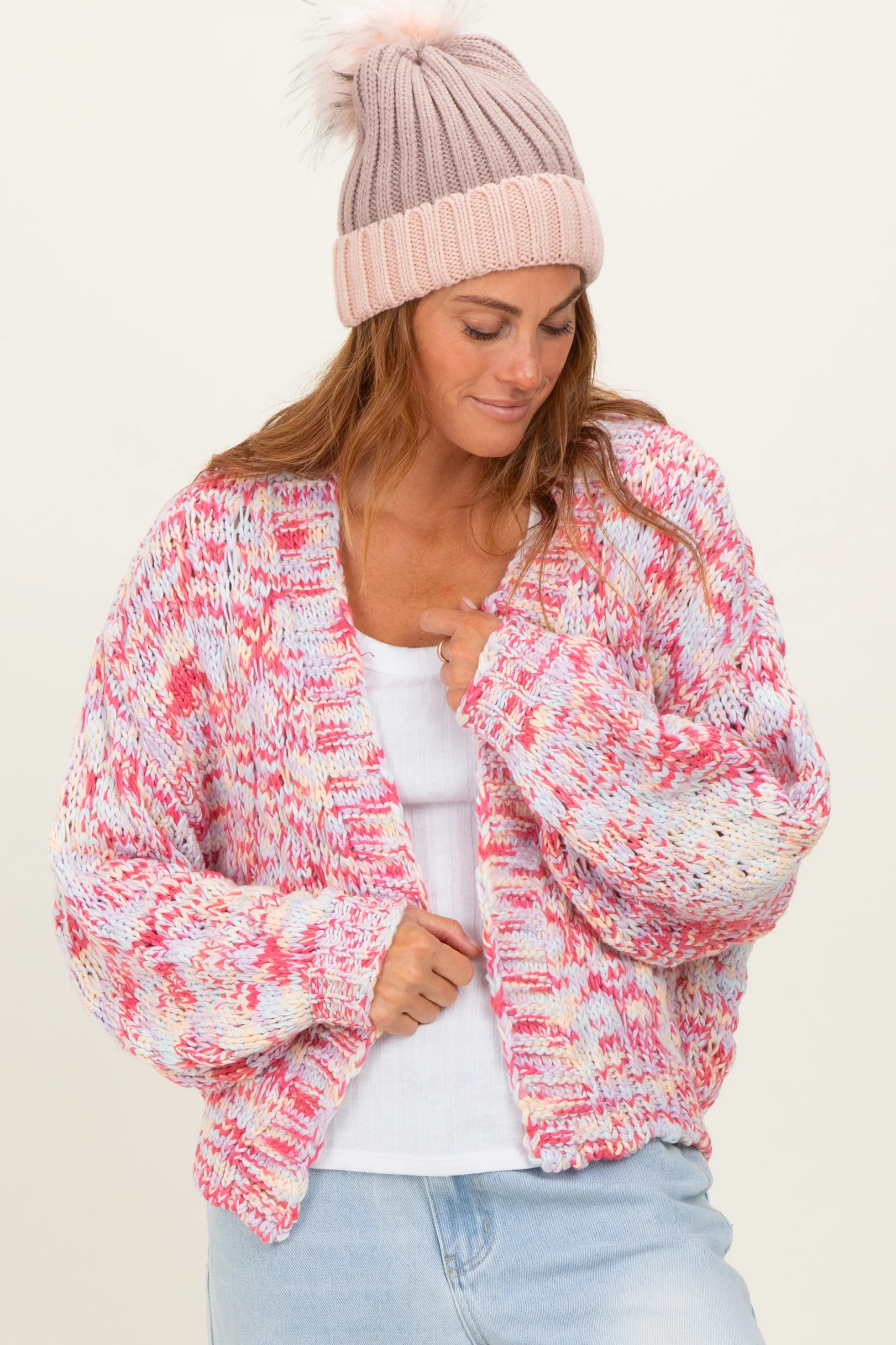 Pink Multicolor Chunky Knit Open Front Cardigan | PinkBlush Maternity