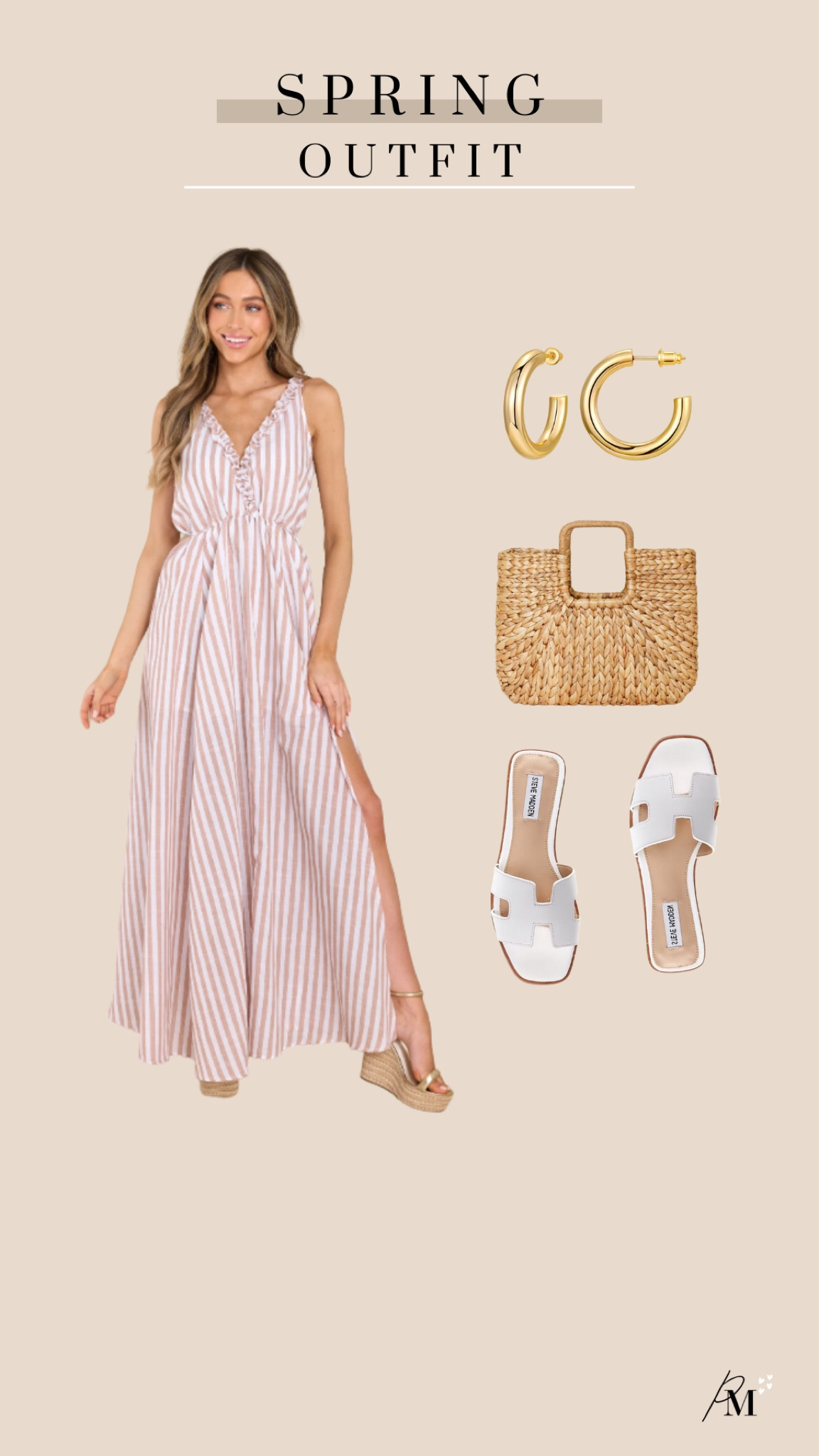 red dress beige stripe dress
gold hoop earring 
a new day straw tote bag 
steve madden hadyn sandal 

#LTKshoecrush #LTKFind #LTKstyletip