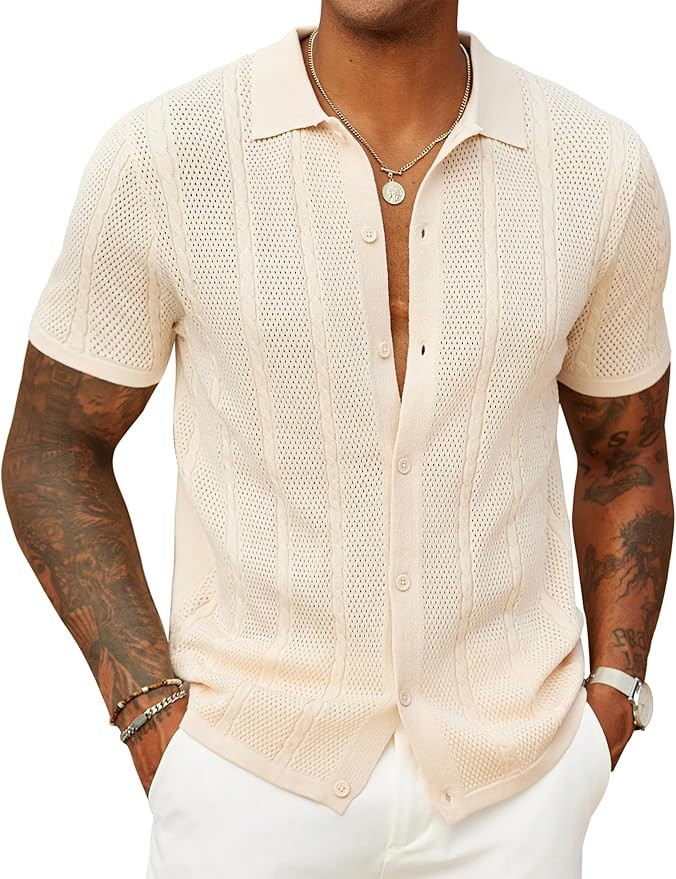 COOFANDY Mens Knit Button Down Shirts Casual Textured Polo Shirt Short Sleeve Vintage Summer Beac... | Amazon (US)