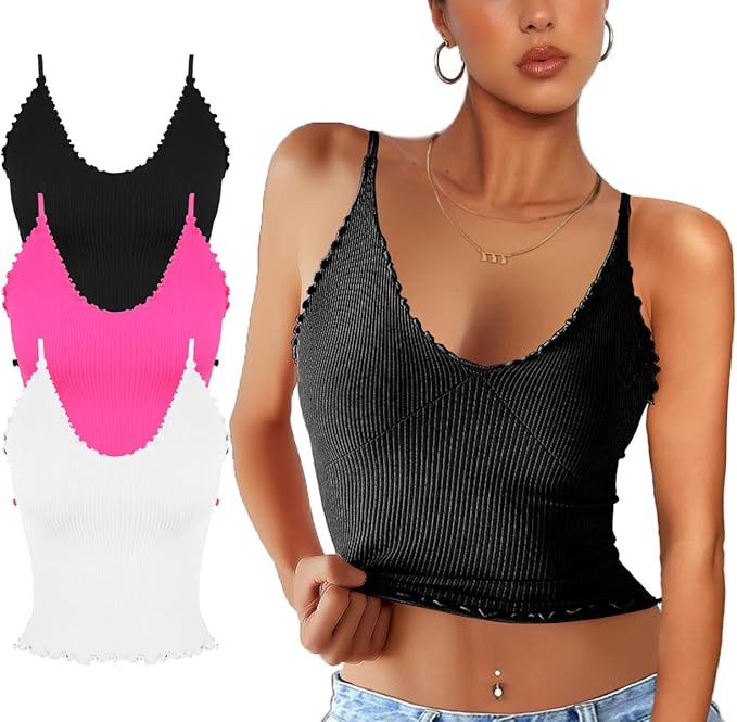 CHYRII Women 3 Pack Ruffled V Neck Cropped Tops Workout Basic Ribbed Camisole Tank Tops | Amazon (US)