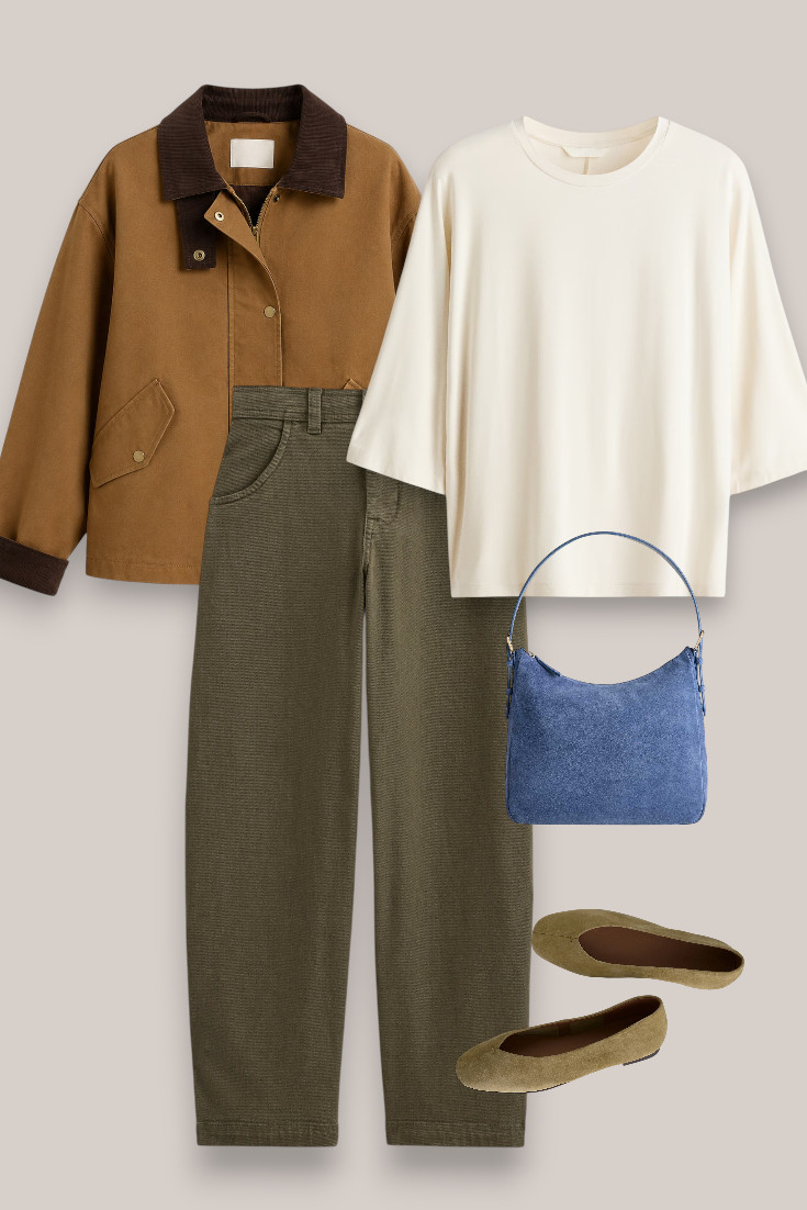 Olive trousers + barn jacket
Love these earthy colours for early fall 🍂 Olive trousers, an easy cream tee and tan barn jacket with olive flats and an unexpected blue suede bag. 

 #LTKautumn #LTKjeans #LTKstyletip