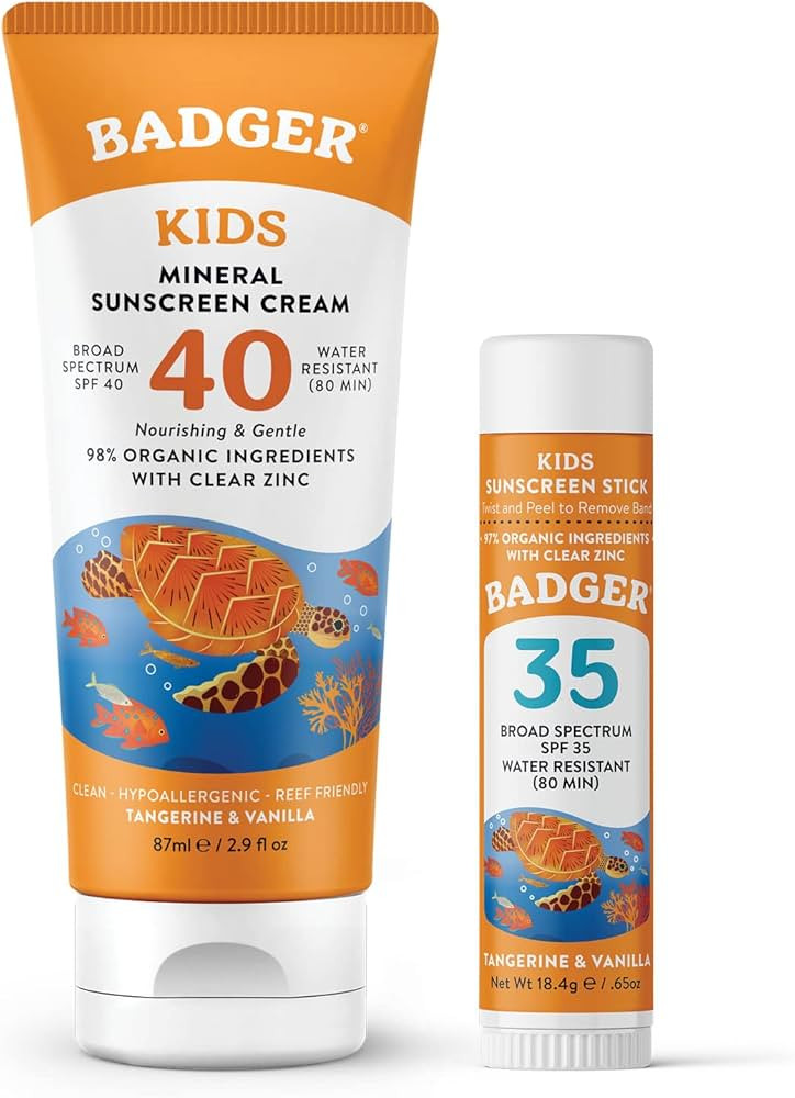 Badger Kids Mineral Sunscreen Combo, SPF 40 Kids Cream + SPF 35 Kids Face Stick, Organic Sunscree... | Amazon (US)
