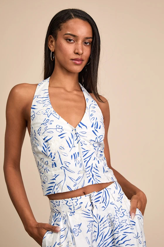 Amarae Ivory and Blue Floral Print Halter Vest Top | Lulus
