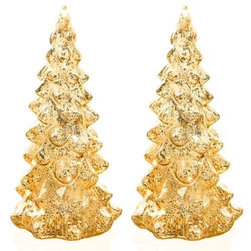 Set of 2 Mercury Glass Christmas Tree Gold Glass Christmas Trees Collectible Figurines with Led Indoor Table Centerpiece Decorations Mantel Gift | Amazon (US)