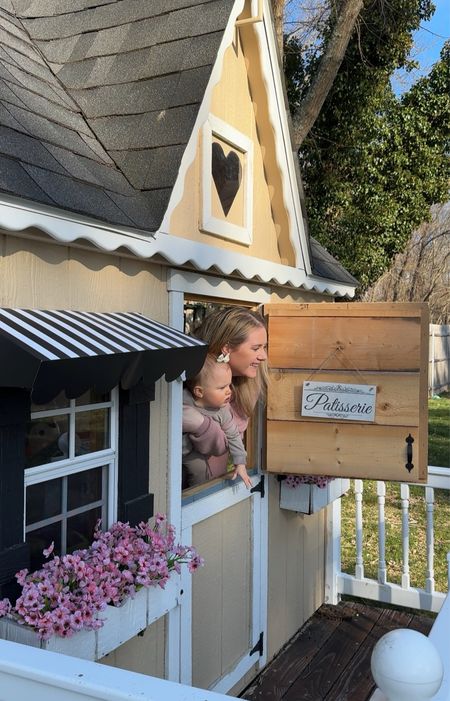 Spring playhouse fun 🩷🌸🥐 , striped awning, scalloped edge, spring faux florals, outdoor floral stems 

#LTKSeasonal #LTKfamily #LTKhome