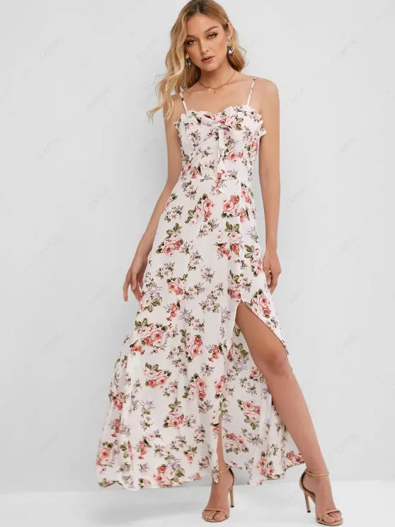 ZAFUL High Slit Smocked Back Floral Maxi Dress   WHITE | ZAFUL (Global)