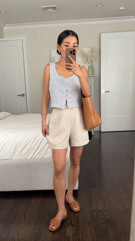 Wore these so much last year! 

• Clean pull on linen shorts xxs my favorites from last year! Tried on this year jsut to confirm the same relaxed fit, tailored look in the front with elastic stretch waist in the back. Looser fit on me at the hips and thighs and I’d size down if between sizes 

size xxs measures 13” across the waist so 26” around, 12” rise, 3.5” inseam

• Scoopneck linen crop tank in bluestone 00P - fits slightly cropped and wider cut, looser around my neckline. Might try DIY shortening  the straps 

• Madewell woven leather tote , this is a great size for travel or work, kids tote. Softly structured and you can use a base shaper or insert if you’d like structure at the base 

• Nordstrom sandals 

#LTKSeasonal #LTKsalealert