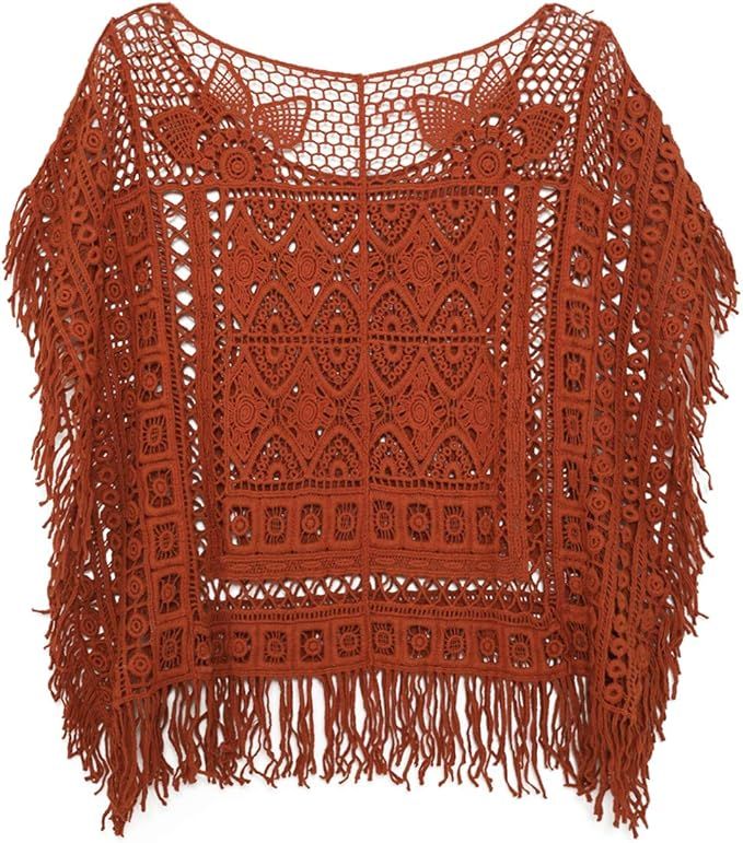 JASTIE Women Boho Hippie T-Shirt Tunic Tops Crochet Blouse Shirt Hollow Out Beach Swimsuit Cover ... | Amazon (US)