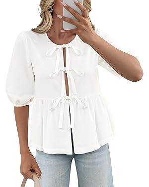 Women's Tie Front Peplum Blouses Puff Short Sleeve Crewneck Shirt Cute Y2K Coquette Babydoll Goin... | Amazon (US)