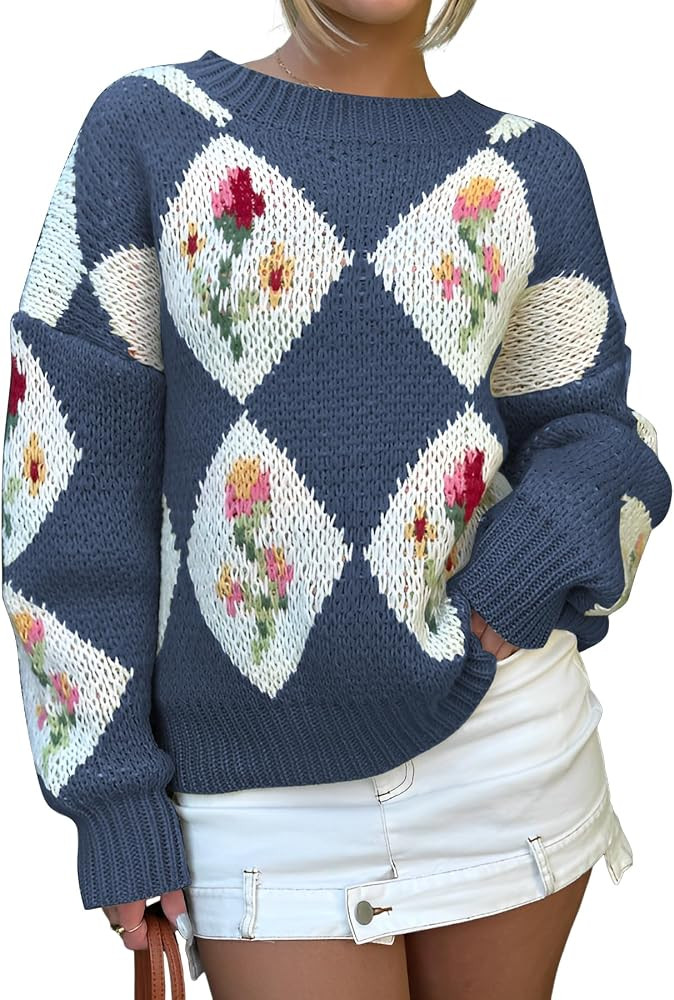 ZAFUL Floral Sweaters for Women Trendy Crew Neck Long Sleeves Knitted Pullover Boho Sweater Chunk... | Amazon (US)