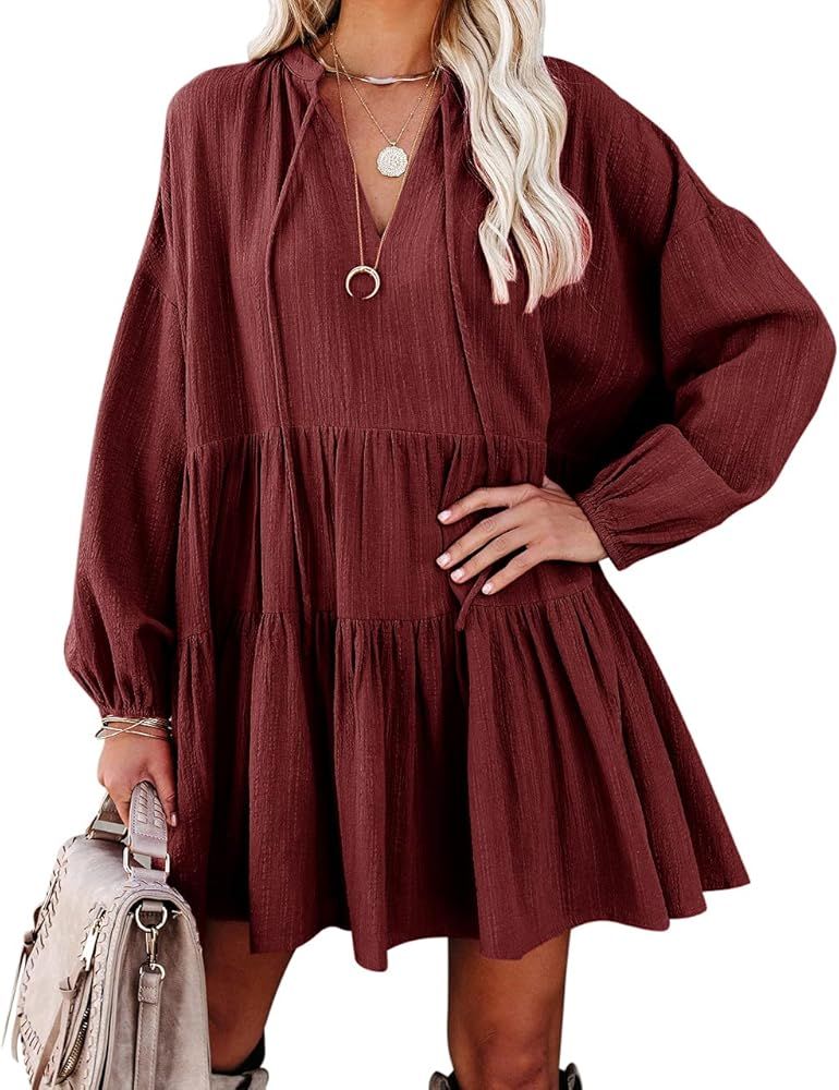R.Vivimos Womens Fall Cotton Long Sleeve Casual Loose V-Neck Swing Tunic Mini Dress | Amazon (US)