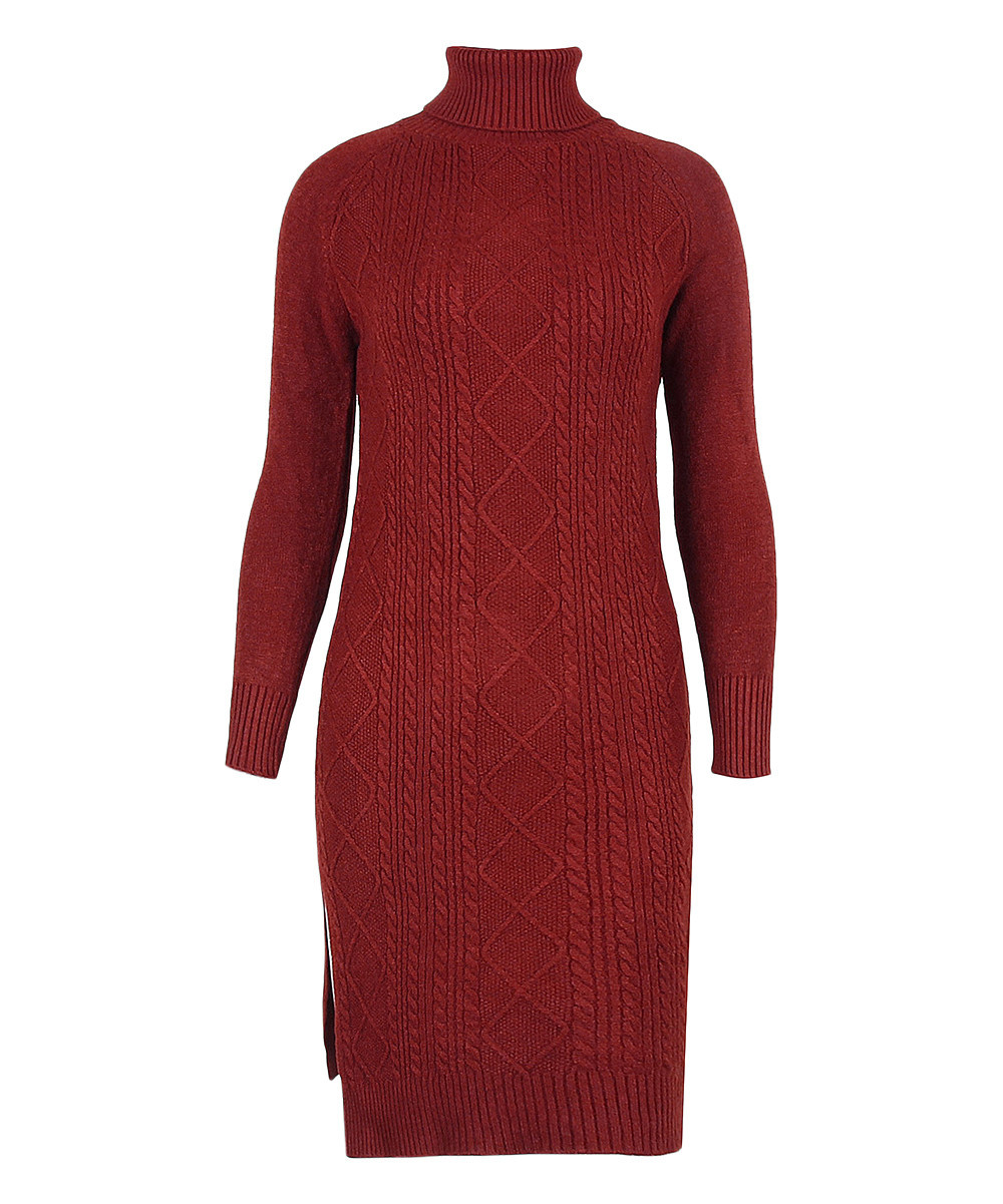 VUTTI Women's Casual Dresses Red - Red Cable-Knit Turtleneck Sweater Dress - Women | Zulily