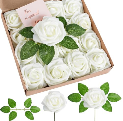 XIANNVXI White Artificial Flowers Foam Fake Roses Bulk with Stems White Flowers for DIY Wedding Bouquets Fake Roses for Party Valentines Day Decorations 16Pcs | Amazon (US)