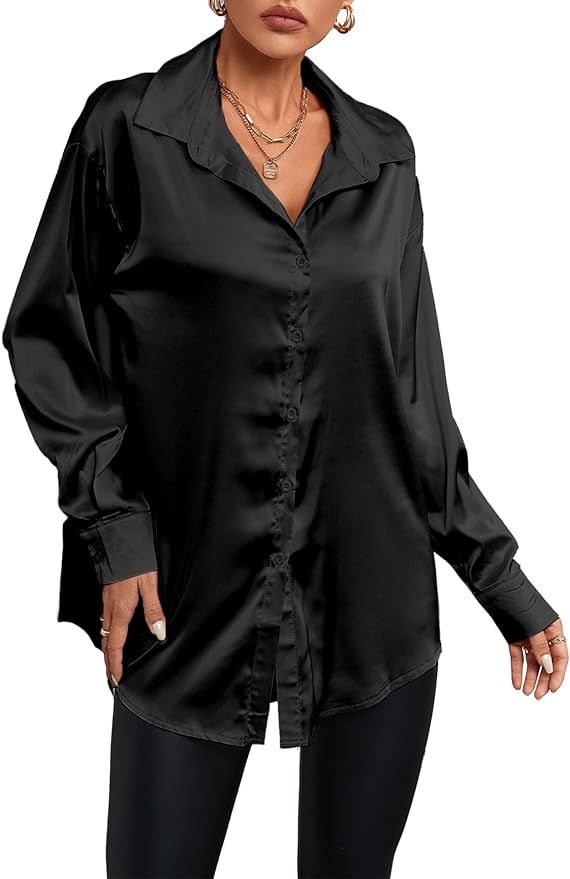 LYANER Women's Satin Silk Collar V Neck Button Down Long Sleeve Blouse Shirt Top | Amazon (US)
