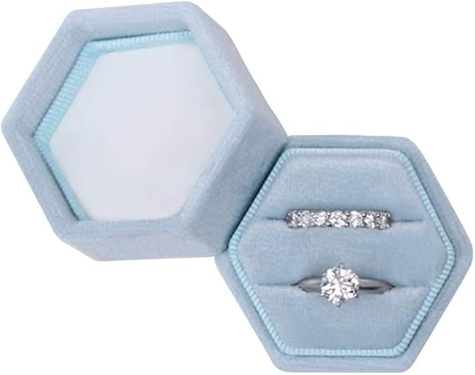 Hexagon Velvet Double Slots Ring Heirlooms Box Engagement Ring Box (Sky Blue) | Amazon (US)