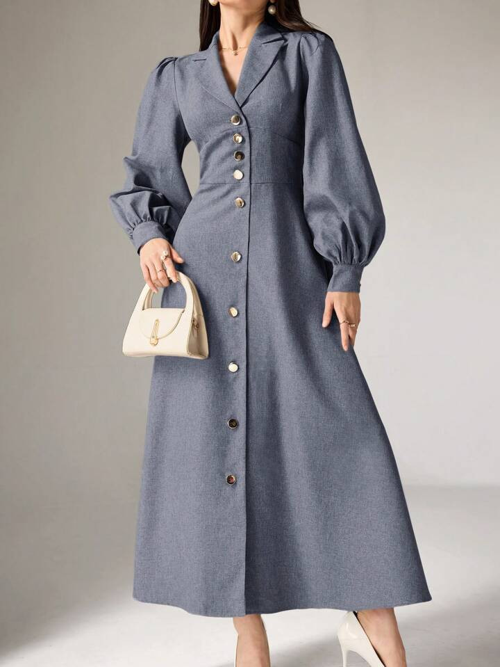 Heiryn Women's Solid Color Front Button Down Shirt Collar Dress | SHEIN
