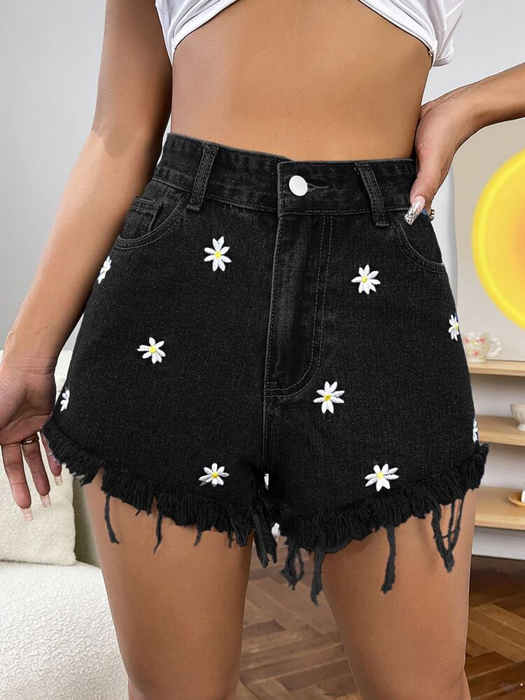 SHEIN ICON Daisy Embroidery Raw Hem Denim Shorts | SHEIN