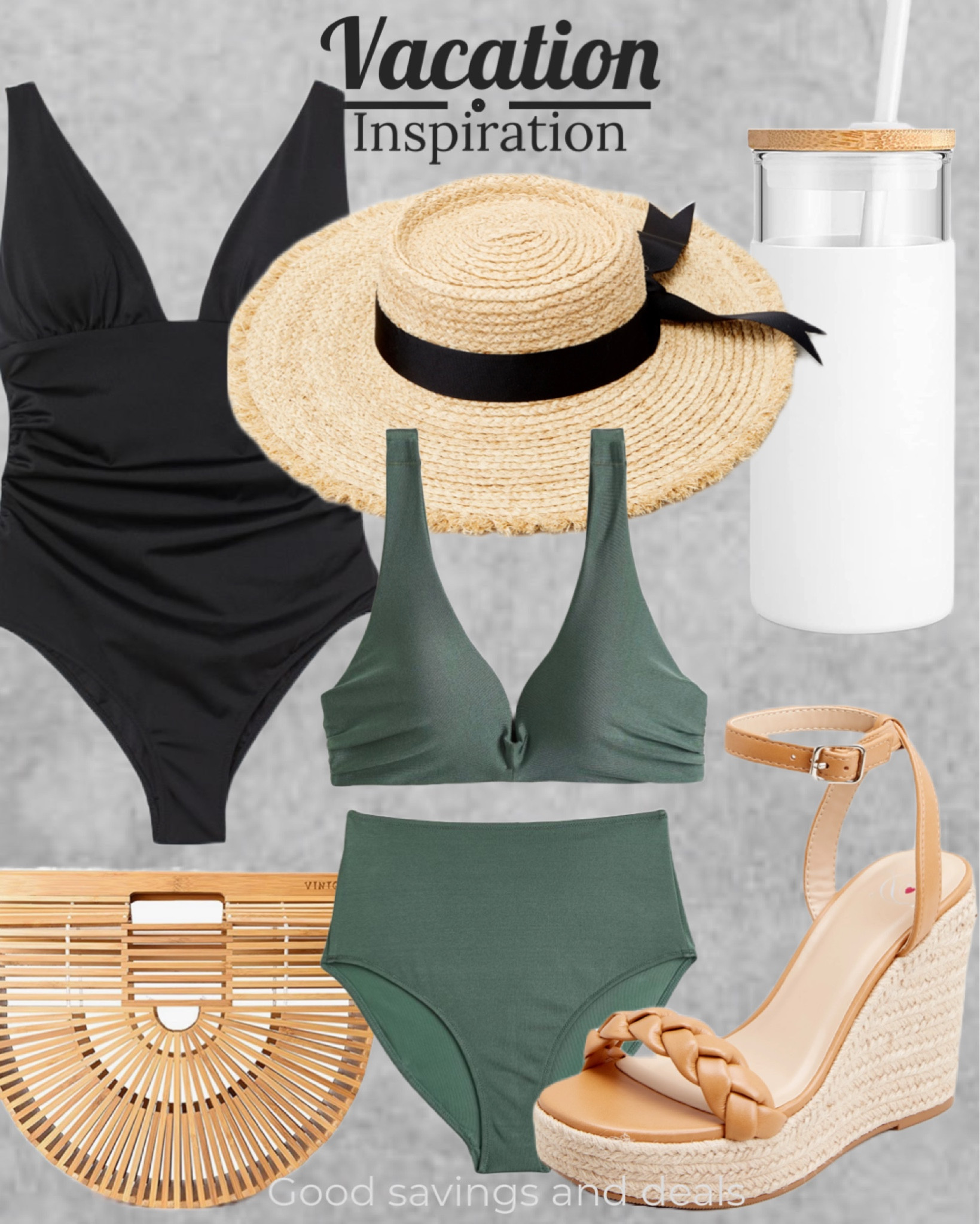 Vacation style 
#beach vacation outfit #bikini #bathing suit #swimwear #flattering swimsuit #two piece swimsuit #sun hat #wedge heels #tumbler cup #beach purse #beach vibes #LTK find #beach style #vacation inspiration #swimming pool #body inclusive swimwear 

#LTKstyletip #LTKtravel #LTKswim