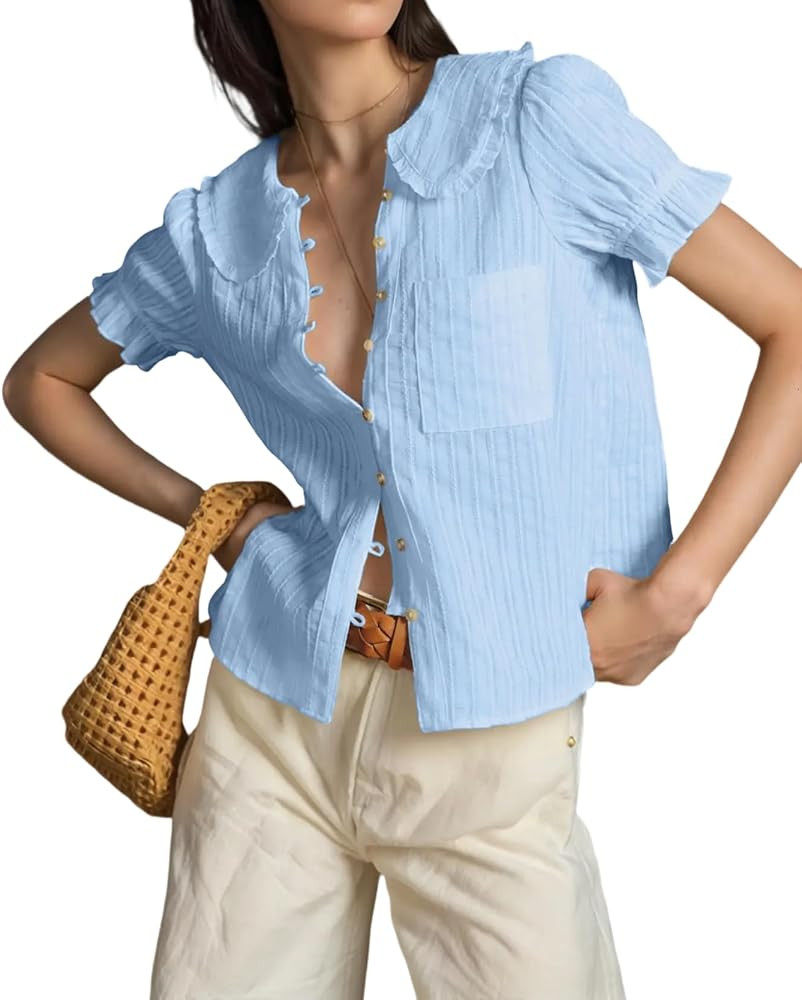 Womens Peter Pan Collar Shirt Short Puff Sleeve Button Down Blouse Tops 2025 Summer Casual Stripp... | Amazon (US)